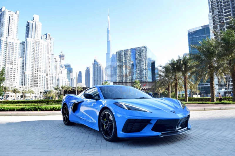 Blue Chevrolet Corvette C8 Stingray Coupe 2020 for rent in Dubai 2