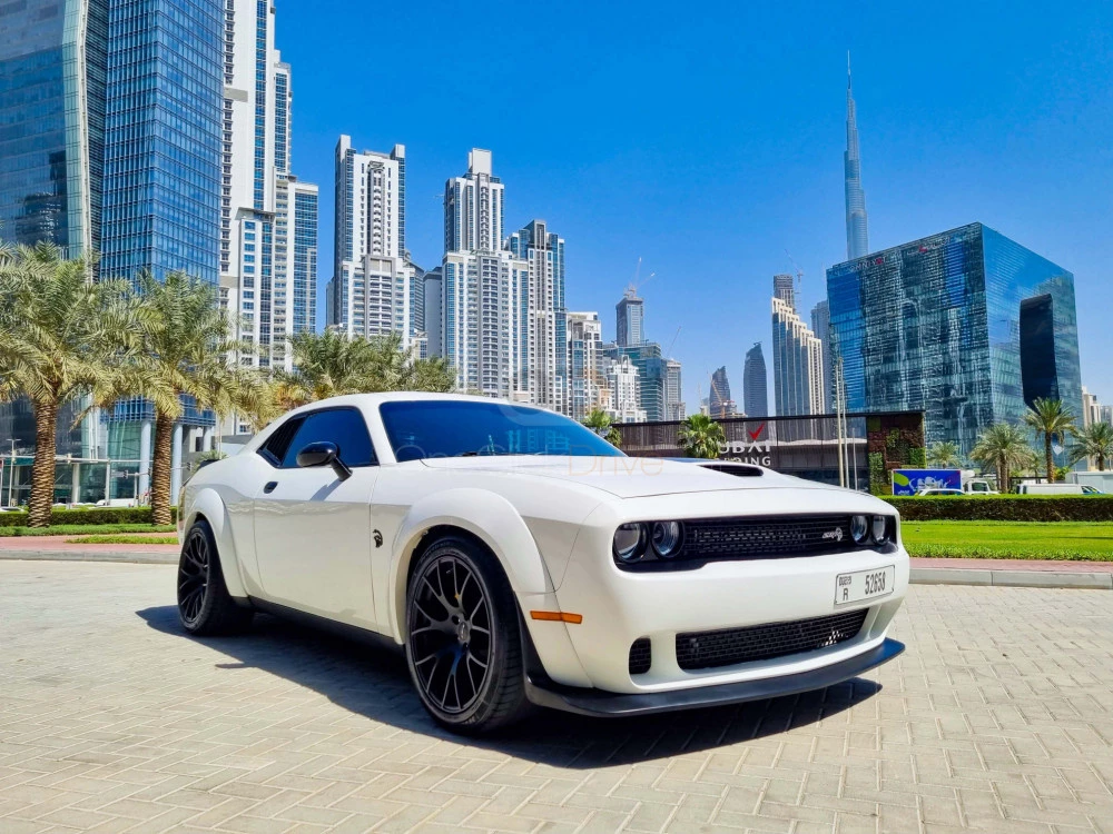 White Dodge Challenger V8 RT Demon Widebody 2021 for rent in Dubai 1
