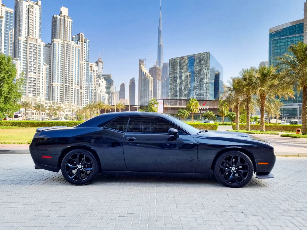 Black Dodge Challenger V6 2019 for rent in Dubai 2