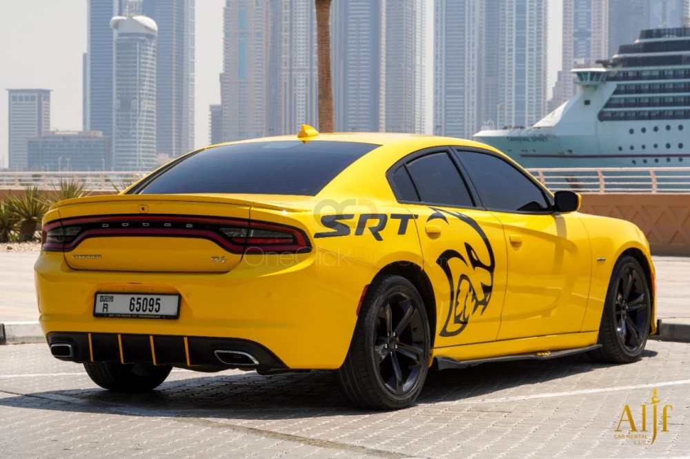 Yellow Dodge Charger SRT V8 2018 for rent in Ras Al Khaimah 6