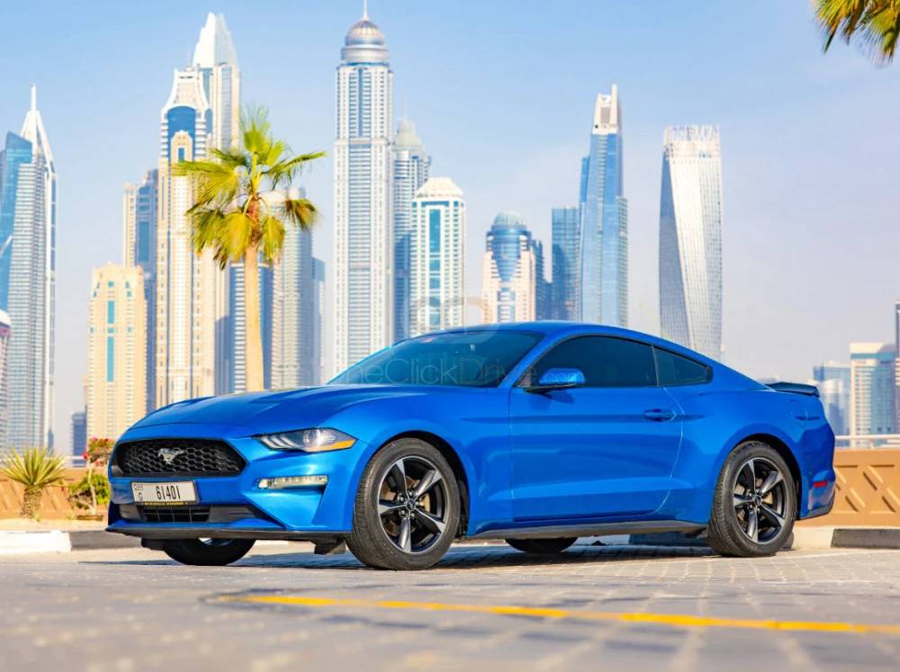 Blue Ford Mustang EcoBoost Coupe V4 2018 for rent in Ras Al Khaimah 3