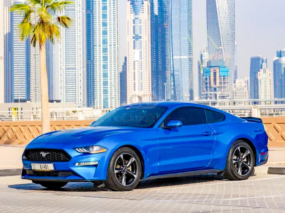 Blue Ford Mustang EcoBoost Coupe V4 2018 for rent in Ras Al Khaimah 1