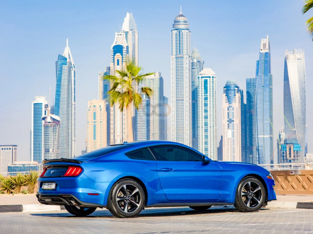 Blue Ford Mustang EcoBoost Coupe V4 2018 for rent in Ras Al Khaimah 4