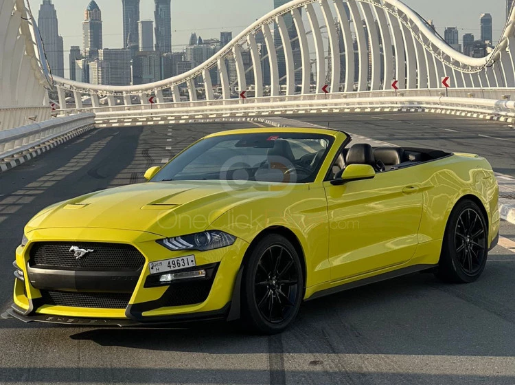 Yellow Ford Mustang EcoBoost Convertible V4 2019 for rent in Dubai 3