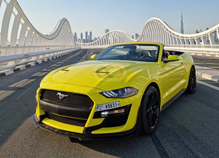 Yellow Ford Mustang EcoBoost Convertible V4 2019 for rent in Dubai 2