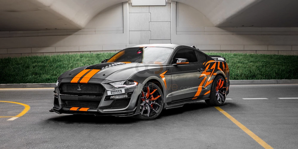 Gray Ford Mustang EcoBoost Coupe V4 2021 for rent in Dubai 1