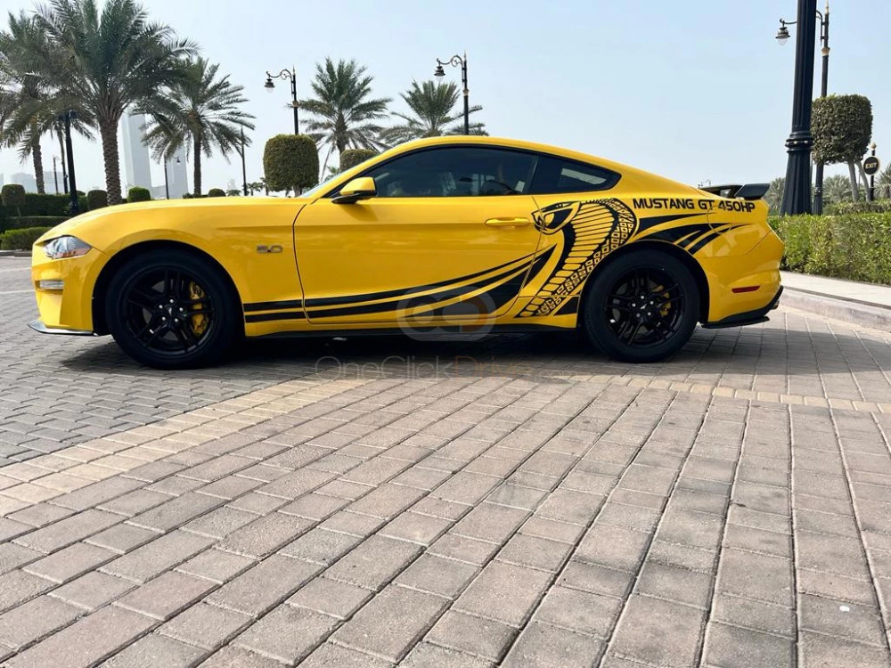 Yellow Ford Mustang GT Coupe V8 2019 for rent in Dubai 3