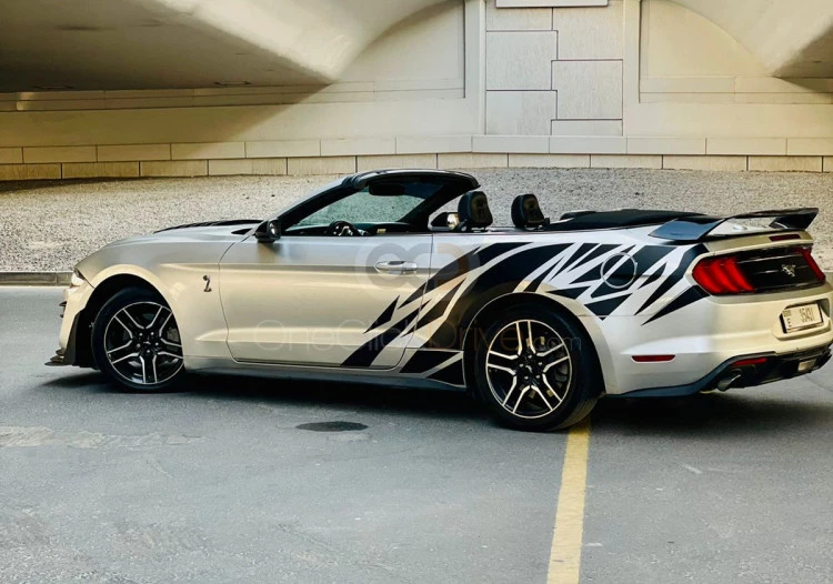Silver Ford Mustang EcoBoost Convertible V4 2019 for rent in Dubai 3