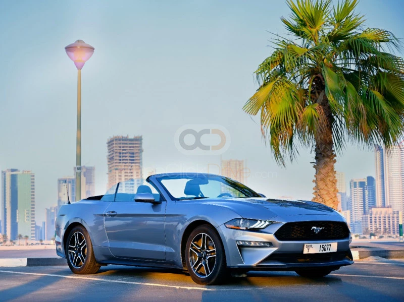 Silver Ford Mustang EcoBoost Convertible V4 2020 for rent in Dubai 5