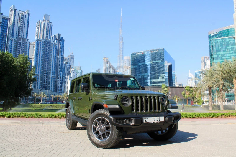 Green Jeep Wrangler 80th Anniversary Limited Edition 2021 for rent in Dubai 1