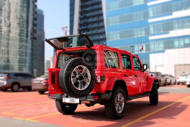 Red Jeep Wrangler Unlimited Sahara Edition 2019 for rent in Dubai 6