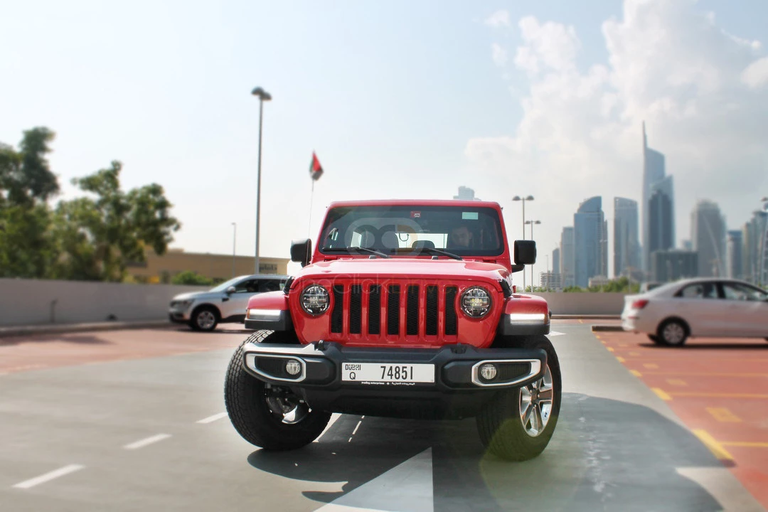 Red Jeep Wrangler Unlimited Sahara Edition 2019 for rent in Dubai 5