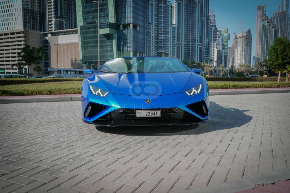 Blue Lamborghini Huracan Evo Spyder 2022 for rent in Dubai 2