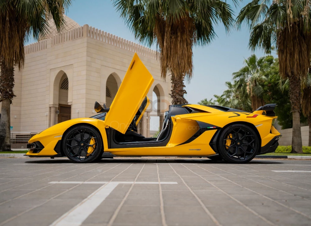 Yellow Lamborghini Aventador SVJ Roadster 2022 in Dubai 6