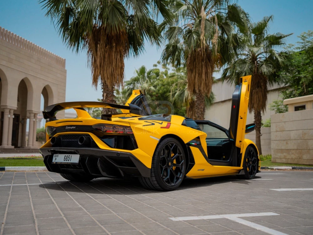 Yellow Lamborghini Aventador SVJ Roadster 2022 in Dubai 2