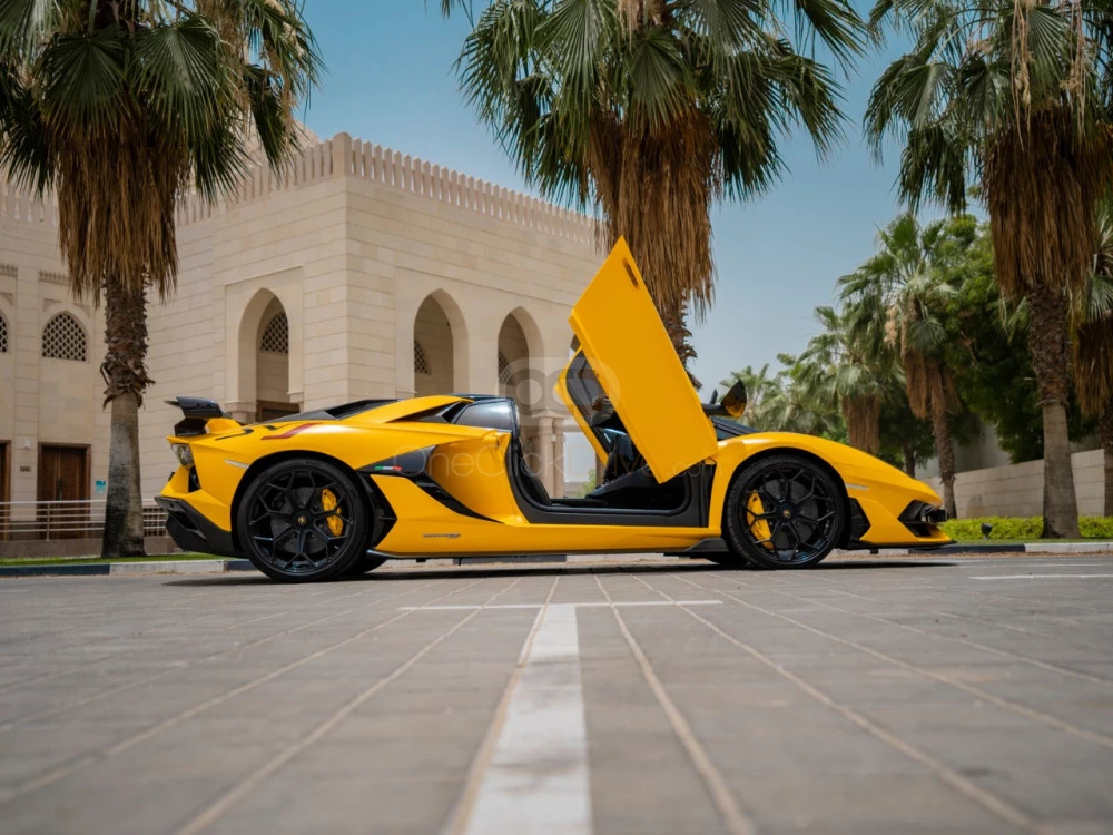 Yellow Lamborghini Aventador SVJ Roadster 2022 in Dubai 3