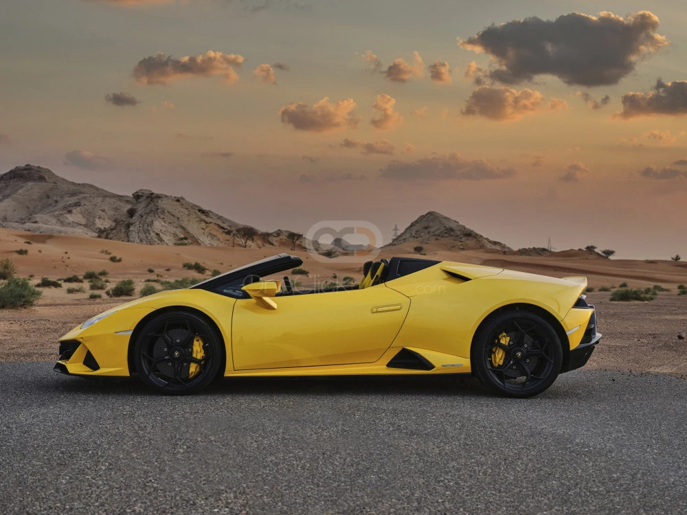 Yellow Lamborghini Huracan Evo Spyder 2021 for rent in Dubai 6