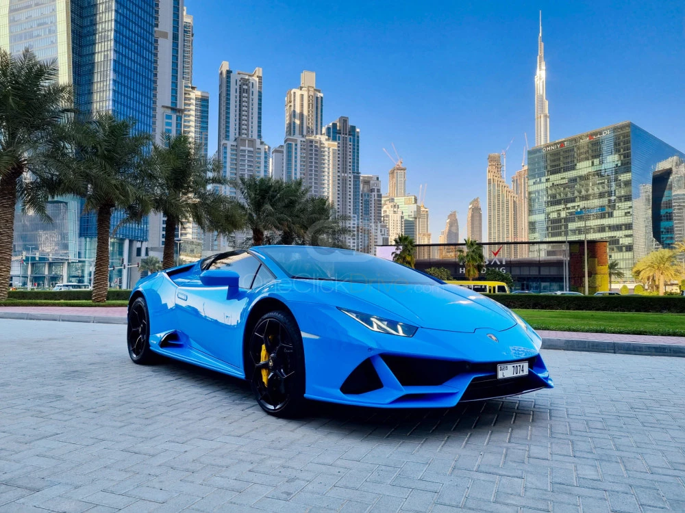 Sapphire Blue Lamborghini Huracan Evo Spyder 2022 for rent in Dubai 1
