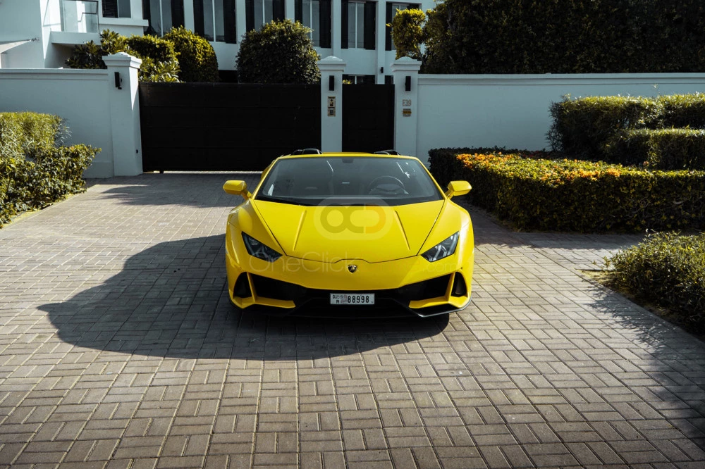 Yellow Lamborghini Huracan Evo Spyder 2022 for rent in Dubai 2
