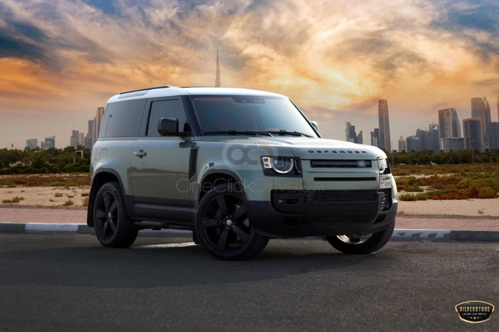 Green Land Rover Defender V6 2022 for rent in Dubai 1