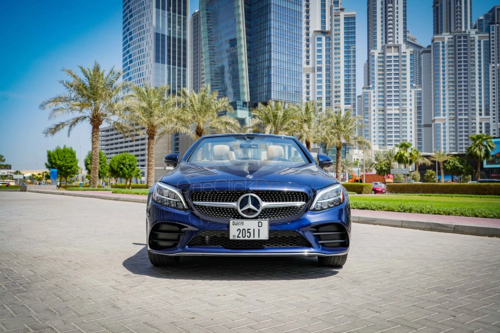 Blue Mercedes Benz C300 Convertible 2020 for rent in Dubai 2