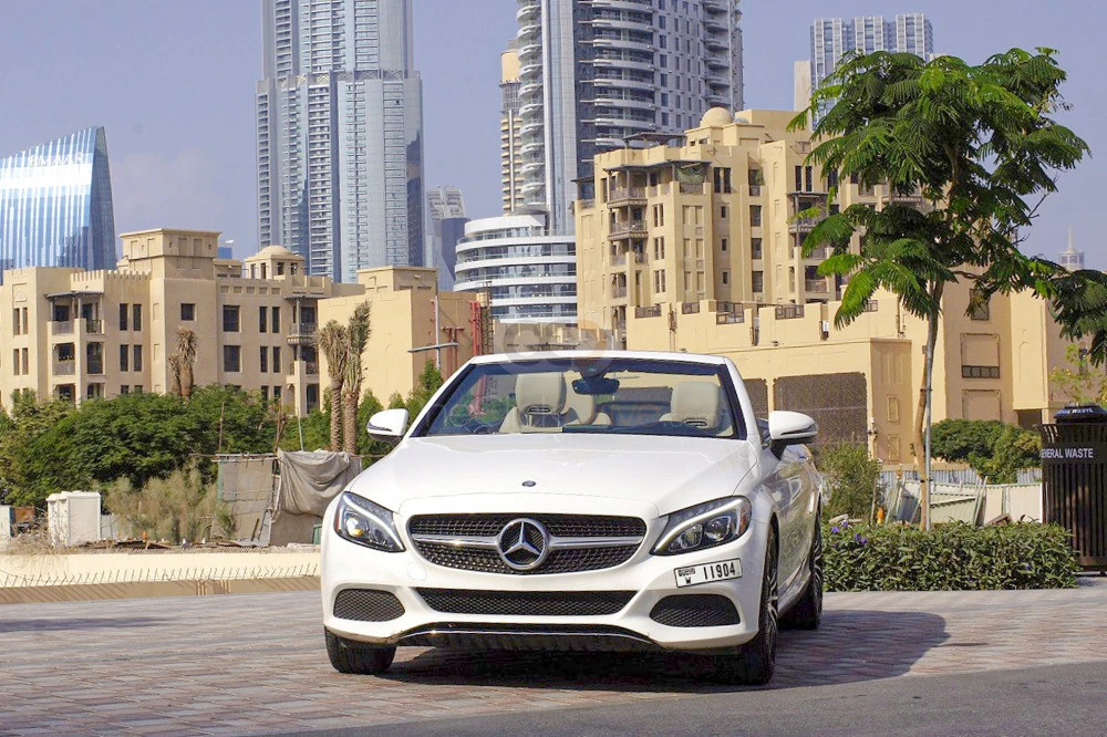 White Mercedes Benz C300 Convertible 2017 for rent in Dubai 8